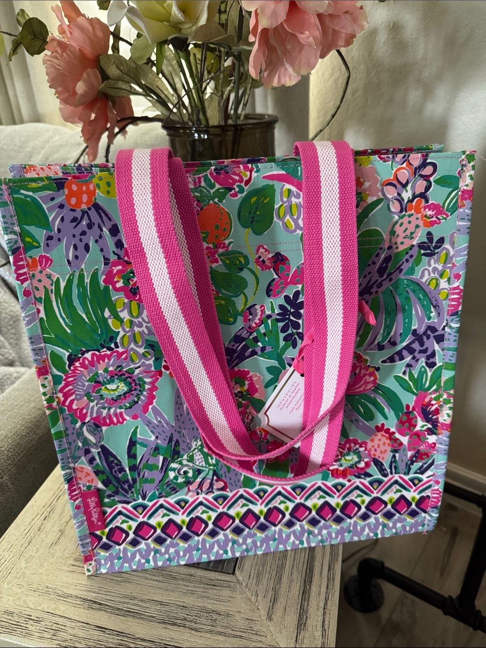 Floral Print Tote Bag with Pink Striped Handles
